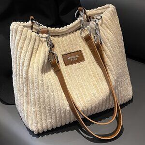 SOFT CORDOROY TOTE IN BEIGE WITH TAN HANDLES - ZIP TOP
